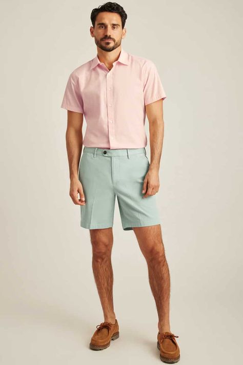 Men's mint green shorts, tucked in pink shirt and tan suede moccasins outfit. This outfit was included in the article: How To Wear Green Shorts: 24 Outfit Examples & Shirt Colours That Go Best, on MensFlair.com Green Shorts Outfits, Green Shorts Outfit, Moccasins Outfit, Green Suit Men, Mint Shirt, Mint Shorts, Mint Green Shorts, Plain White Shirt, Pink Polo Shirt