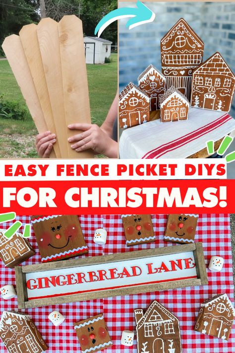 Grab $2 wood fence pickets NOW and make these EASY Christmas DIYs (that you can also sell!) - Whiskey & Whit Fence Picket Christmas Tree, Fence Crafts, Picket Fence Crafts, Christmas Tree Fence, Fence Picket, Easy Fence, Wood Christmas Decorations, Fence Pickets, Christmas Cricut