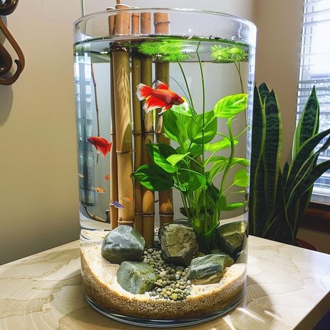 10 betta fish bamboo vase ideas [For inspiration] – Acuario Pets Fish Bowl In Bedroom, Aquarium House Ideas, Chic Fish Tank, Betta Fish With Live Plants, Betta Vase With Plant, Fish Bowls With Plants, Office Fish Tank Ideas, Pet Fish Ideas, Peace Lily Beta Fish Vase