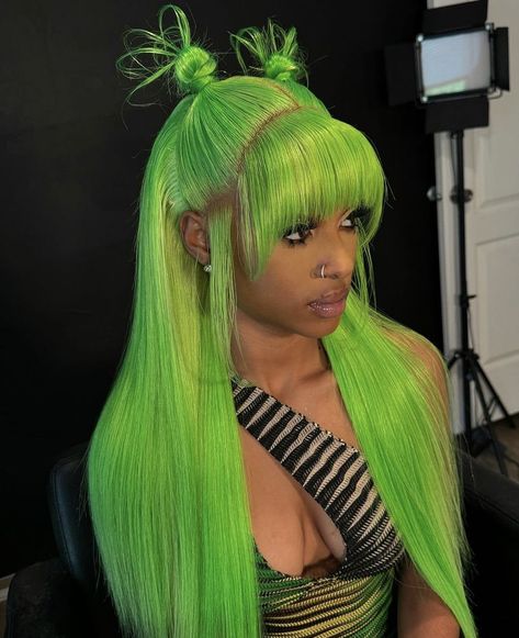 Lime Green Wig Hairstyles, Neon Green Wig, Green Afro, Exotic Hairstyles, Colored Weave, Green Wig, Green Lace, Black Girls Hairstyles, Weave Hairstyles