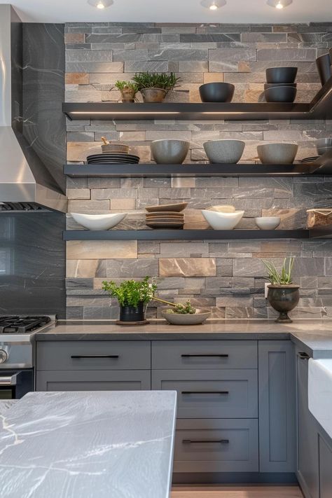 Chic Backsplash Ideas for Grey Cabinets Revealed Kitchen Backsplash With Gray Cabinets, Gray Cabinets Black Countertops, Backsplash With Grey Cabinets, Dark Gray Backsplash, Morning Room Ideas, Flat Front Cabinets, Sofa Scandinavian Style, Interior Design Crafts, Light Gray Cabinets