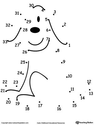 Learning to Count by Connecting the Dots 1 Through 33: Drawing a Dog: Dot to dot worksheets encourages numbers and handwriting skills for preschool, kindergarden and early elementary. Connect Numbers Free Printable, Dot To Dot Printables For Kids Free 1-10, Drawing A Dog, Dot To Dot Printables, Learning To Count, Dotted Drawings, Connecting The Dots, Dots Free, Dot Worksheets