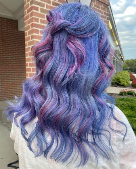 Blue Purple Pink Hair, Hand Painted Nail Designs, Painted Nail Designs, Pink Purple Blue Hair, Fuchsia Hair, Pink And Blue Hair, Long Purple Hair, Blue Purple Hair, Blue And Pink Hair