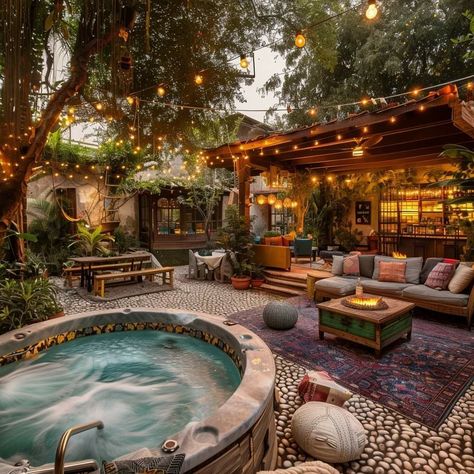 Caribbean Patio Ideas, Greenhouse Hot Tub, Boho Patio Ideas Outdoor Spaces, Backyard Hot Tub Ideas, Hot Tub Ideas Backyard, Witchy Backyard, Dream Patio, Boho Patio, Unique House Design