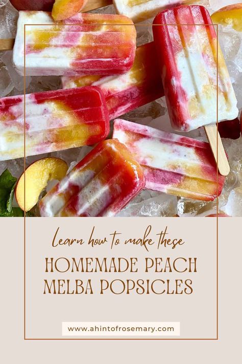 Enjoy these Homemade Peach Melba Popsicles formed with your favorite vanilla ice cream swirled with fresh peach & raspberry sauce. The perfect summer treat. A Hint of Rosemary #ahintofrosemary #frozentreats #snacks #berries #fruit #desserts Ice Cream Swirl, Peach Raspberry, Peach Melba, Raspberry Sauce, Summer Treats, Vanilla Ice, Fruit Desserts, Frozen Treats, Vanilla Ice Cream