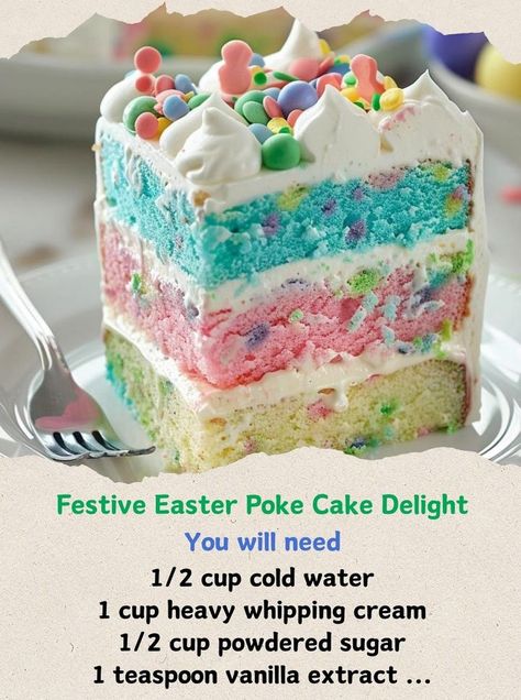 Grandma's Kitchen - Easter Poke Cake  Festive Easter Poke Cake Delight  Ingredients:  For the cake:  1 box white cake mix (and ingredients called for on the box: usually water, oil, and eggs) 1 teaspoon vanilla extract For the poke filling:  1 package (3 oz) Jello, any flavor (pastel colors recommended for Easter) 1 cup boiling water 1/2 cup cold water For the frosting:  1 cup heavy whipping cream 1/2 cup powdered sugar 1 teaspoon vanilla extract For decoration:  Easter-themed sprinkles Mini Easter eggs Directions:  Prepare the cake according to the package instructions, adding 1 teaspoon of vanilla extract to the batter. Bake in a 9x13 inch pan and allow to cool. Once cooled, poke holes all over the cake using the handle of a wooden spoon. For the poke filling, dissolve Jello in boiling w Easter Poke Cake, Homemade White Cakes, Easter Stuff, Poke Cake Recipes, Grandmas Kitchen, Bells Christmas, Easter Cake, Bunny Cake, Christmas Memories