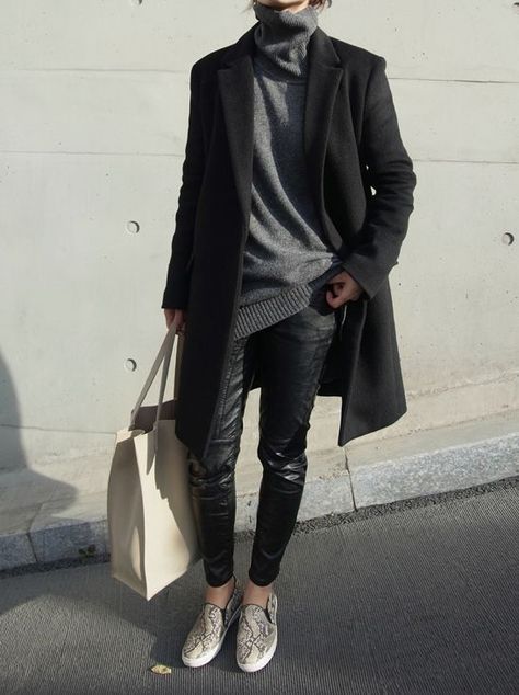 black leather skinnies, slip on sneakers, grey turtleneck sweater, oversized sweater, black coat, black and grey Gray Turtleneck Sweater Outfit, Print Pants Street Style, Outfit With Sneakers, Pants Street Style, Turtleneck Sweater Outfit, Snake Print Pants, Gray Turtleneck, Chunky Turtleneck Sweater, Tennis Shoes Outfit