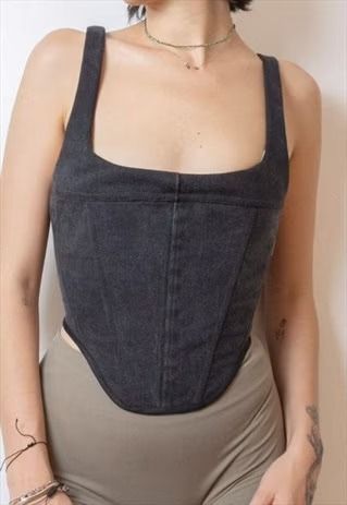 Reworked black denim corset | Maria Jovrea | ASOS Marketplace Puffy Sleeves Shirt, Black Denim Corset, Black Denim Vest, Reworked Denim, Thrift Flip, Denim Ideas, Recycled Jeans, Denim Corset, Old Jeans