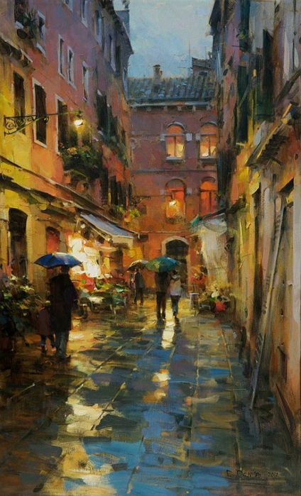 Dmitri Danish. City painting. Abstract city. Night in city. Rainy day. Artwork. Old city. Oil painting. Artwork. Abstract art. Night lights. Street light. People with umbrella. Oil Painting, Canvas, Art