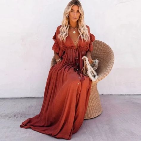 Just In! Rust Gauze Semi Sheer Long Length Maxi Dress With Button Front Detail And A Raw Hem. Wide V-Neckline. Adjustable Self Tie Drawstring Empire Waistband. One Size Fits Most: Recommended For Sizes 0, 2, 4, 6, 8, 10, Small, Medium And Large Material: 100% Polyester Preorder Ships In Approx. 1-2 Weeks Our Boutique Is Filled With A Curated Collection Of Styles: Spell Gypsy Boho Bohemian Hippie Retro Vintage Handmade Coachella Festival Free People Anthropologie Johnny Was Urban Outfitters Weste Bohemian Dress Formal, Beach Tunic Dress, Photo Shoot Maternity, Vacation Love, Plunge Maxi Dress, Outfit Chic, Coachella Festival, Drawstring Dresses, Beach Maxi Dress