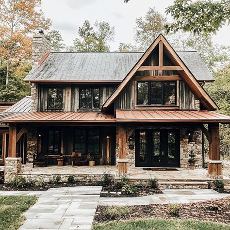 Cabin goals! This stunning stone and timber home is the perfect blend of rustic charm and modern elegance. 🌲✨ #dreamhome #cabinlife #architecture #interiordesign #stonehouse #timberhome #luxuryliving #homegoals Stone Addition To Log Home, Modern Rustic Cabin Exterior, Small Lodge Style Homes, Cabin Like Homes, Rustic House Exterior Farmhouse, House In The Woods Exterior, Lodge Style Homes, Modern Rustic House Plans, Stone Farmhouse Exterior