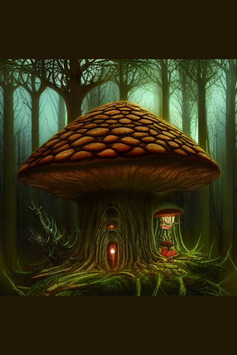 Lights In Forest, Big Cottage, Big Mushroom, Big Cottages, Mushroom Aesthetic, Mushroom Drawing, Fantasy Style, Aesthetic Cottagecore, Mushroom House