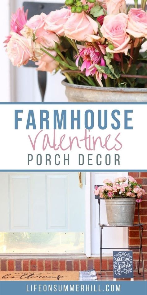 Farmhouse Valentine's porch decor ideas. Simple ideas to decorate your front porch for Valentine's day. Small porch decorations like signs, flowers, chair, layered rugs. Easy and best decorating ideas for your stoop, large or small porch. Greet guests with these adorable and charming ideas using old vintage pieces like a galvanized bucket full of roses for a floral delight. An old french bistro cafe chair and herringbone rug and doormat. Farmhouse Valentine Porch Decor, February Front Porch Decor, French Country Valentine Decor, Valentine Front Porch Ideas, February Porch Decor, Valentine Porch Decorating Ideas, Valentines Front Porch Decor, Valentines Porch Decor, Valentine Porch Decor