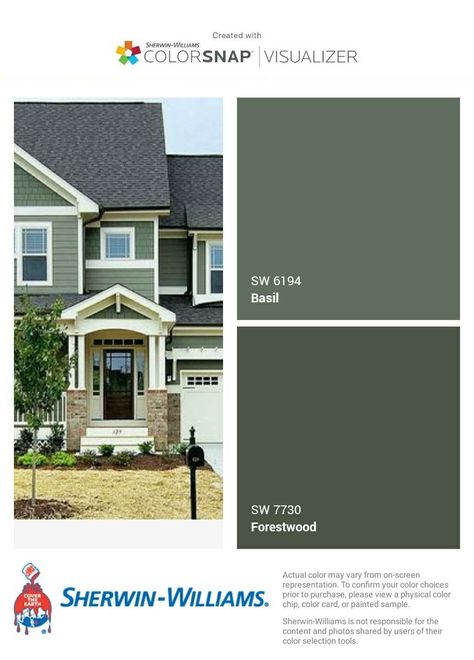 House Paint Exterior Green White Trim, Exterior House Paint Color Combinations Green, Green Exterior With White Trim, Green Exterior House Paint Ideas, Two Tone Green House Exterior, Sw Green Exterior Paint Colors, Green Painted Homes Exterior, Outdoor Green Paint Colors For House, Sherwin Williams Basil Exterior Paint