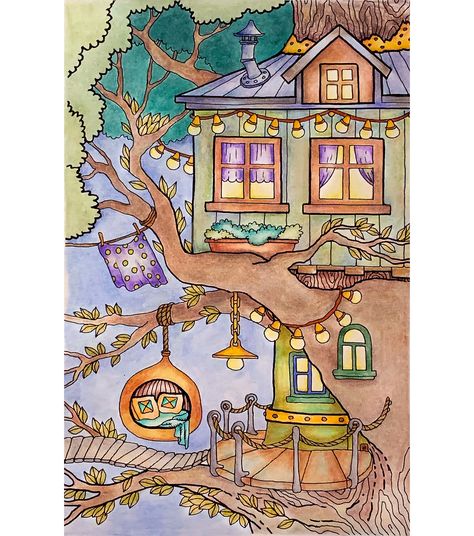 Fairy Tree House Illustration, Fairy Town Drawing, Fairy Tree Houses Drawing, Fairy Village Drawing, Tree House Painting, Tree House Illustration, Haus Of Holbein, Fairy House Drawing, Tree House Drawing