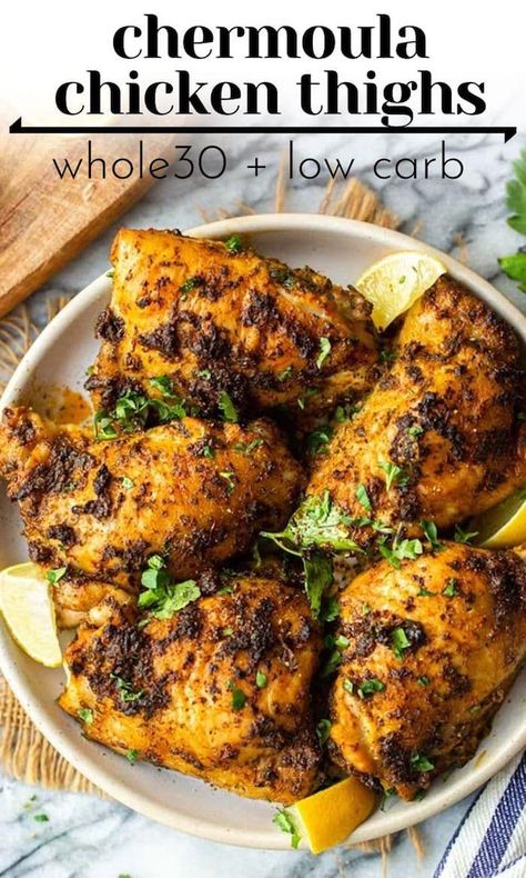 Baked Chermoula Chicken Thighs  - Crispy, juicy chicken thighs cooked in a punchy chermoula marinade with fresh herbs, ground spices and zesty lemon! | #GlutenFreeDinner #ChickenDinner #LowCarbDinner #Whole30 #Ketorecipes #dairyfreechicken Chermoula Chicken, Cooking Raw Shrimp, Easy Chicken Wings, Garlic Chicken Wings, Best Macaroni Salad, Easy Potato Salad, Grilled Shrimp Recipes, Recipes Authentic, Rosemary Garlic