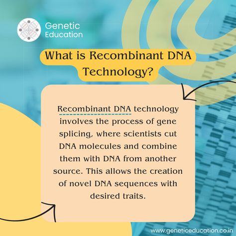 Do you know that is rDNA technology? Recombinant DNA technology involves the process of gene splicing, where scientists cut DNA molecules and combine them with DNA from another source. This allows the creation of novel DNA sequences with desired traits. #rDNA #recombinantDNA #DNA Recombinant Dna Technology, Recombinant Dna, Dna Technology, Dna Molecule, Dna Sequence, Do You Know What, Genetic, Scientists, The Process