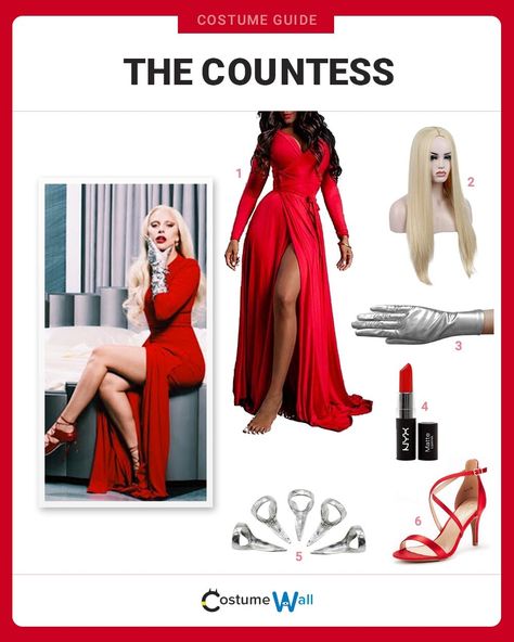 Lady Gaga American Horror Story Costume, Lady Gaga Countess Costume, Countess Ahs Costume, The Countess Ahs Costume, Lady Gaga Ahs Hotel Outfits, Ahs Costume Ideas, The Countess Ahs Outfits, Halloween Costumes Red Dress, The Countess Costume