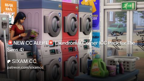 🚨NEW CC ALERT🚨 Laundromat Corner (CC Pack for The Sims 4) | SIXAM CC Sims 4 Cc Maxis Match Laundry Room, Sims 4 Laundry Mat, Sims 4 Laundromat Cc, Sims 4 Laundromat, Sixam Cc, Laundry Time, Laundry Cart, Detergent Bottles, Dryer Machine