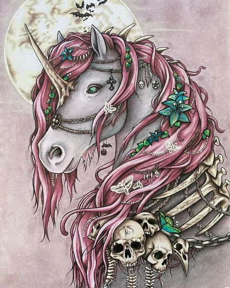 Skeleton Unicorn Tattoo, Creepy Unicorn, Gothic Unicorn, Sugar Skull Art Drawing, Goth Unicorn, Libra Zodiac Tattoos, Unicorn Skull, Cool Skull Drawings, Colorful Skull Art