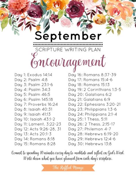 September Scripture Writing Plan: Encouragement - The Ruffled Mango September Scripture Writing Plan, September Scripture, Scripture Writing Plan, Scripture Writing Plans, Scripture Writing, Writing Plan, Quotes Arabic, Bible Study Plans, Bible Plan