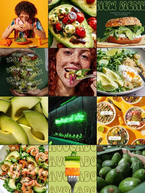 Organic Food Instagram Feed, Food Business Instagram Feed Layout, Instagram Grid Layout Ideas Restaurant, Mexican Restaurant Instagram Feed, Healthy Restaurant Branding, Food Collage Aesthetic, Healthy Restaurant Design, Healthy Food Restaurant, Healthy Restaurant Food