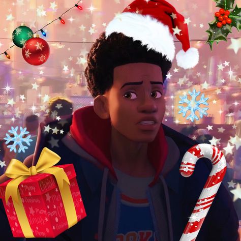 Credits to sarahbara for the idea 😸🫶🏻 Spiderverse Christmas Pfp, Christmas Miles Morales, Miles Morales Christmas Pfp, Miles Morales Christmas, Christmas Pfp, Miles Spiderman, Christmas Spider, Jeff Buckley, Live Wallpaper Iphone