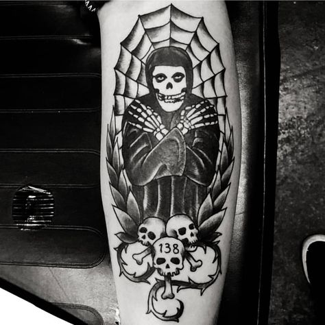 MISFITS TATTOOS CLUB — Thanks @ryand5tattoo5  #misfitstattoosclub 💀💀💀... Misfits Tattoo Ideas, Misfits Tattoo Flash, Danzig Tattoo, Universal Monsters Tattoo, Scary Tattoo Ideas, Traditional Tattoo Halloween, Misfits Tattoo, Chaos Tattoo, Samhain Danzig