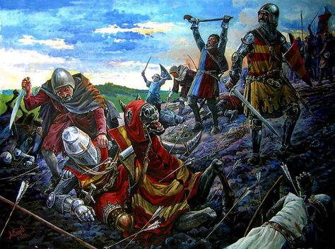 Battle of Crecy - English archers finish off the French knights that made it to the English battle line. Historical Warriors, Medieval Ages, Historical Artwork, Medieval World, In Memoriam, Knight Art, English History, Medieval Armor, Medieval Knight