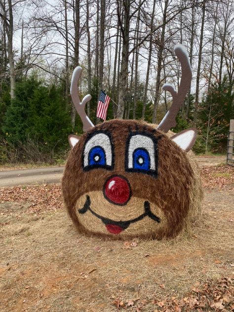 Christmas Hay Bale Ideas, Christmas Hay Bale, Hay Bale Pumpkin, Farm Christmas Decorations, Hay Bale Fall Decor, Hay Bale Fall, Hay Bale Decor, Painted Hay Bales, Hay Bail