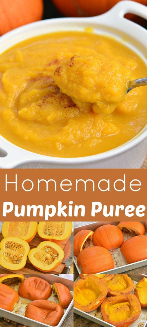 Homemade Pumpkin Puree. Learn how to easily to make your own pumpkin puree from scratch, store it, and freeze it for later. Homemade pumpkin puree only requires one ingredient and maybe a little cinnamon. #pumpkin #puree #homemade #fallrecipes Canning Pumpkin Puree, Pumpkin Puree Recipes Healthy, Canning Pumpkin, Pumpkin Puree Recipes, Will Cook For Smiles, Puree Recipes, Low Acid Recipes, Savory Pumpkin, Frozen Pumpkin