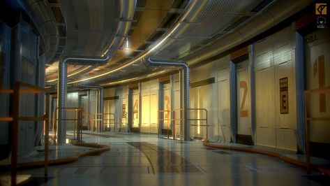 Prison Block, Daniel Palmi on ArtStation at https://www.artstation.com/artwork/Rrwm Futuristic Hallway, Sci Fi Prison, Scifi Interior, Prison Art, Episode Interactive Backgrounds, Spaceship Interior, Episode Backgrounds, Prison Cell, Sci Fi Environment