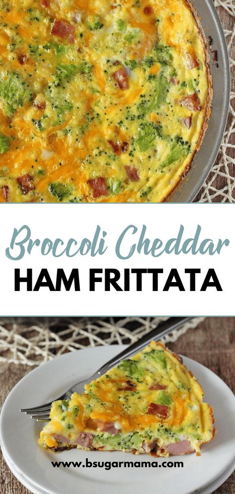 Broccoli Cheddar and Ham Frittata Recipe made with fresh broccoli, sharp cheddar cheese, and chunks of ham. Great for breakfast! #frittata #broccoli #ham #cheese Crustless Ham And Broccoli Quiche, Ham And Broccoli Breakfast Casserole, Broccoli And Ham Recipes, Fritata Recipe Broccoli, Broccoli Cheddar Frittata, Broccoli Ham Cheese Egg Casserole, Fritata Recipe Ham And Cheese, Ham And Cheese Frittata Recipes, Brocolli Frittata