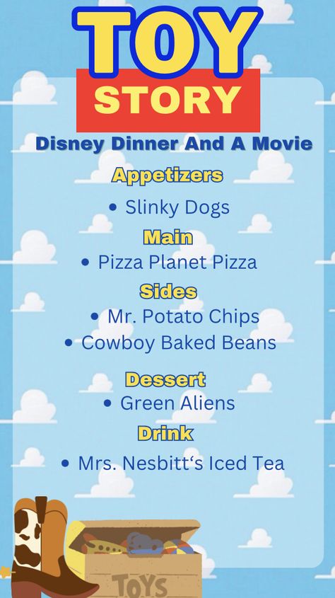 Toy Story Dinner, Disney Dinner And A Movie, Disney Movie Themed Dinner, Themed Dinners Ideas, Family Movie Night Snacks, Family Movie Night Themes, Disney Movie Night Menu, Disney Themed Movie Night, Disney Movie Night Food