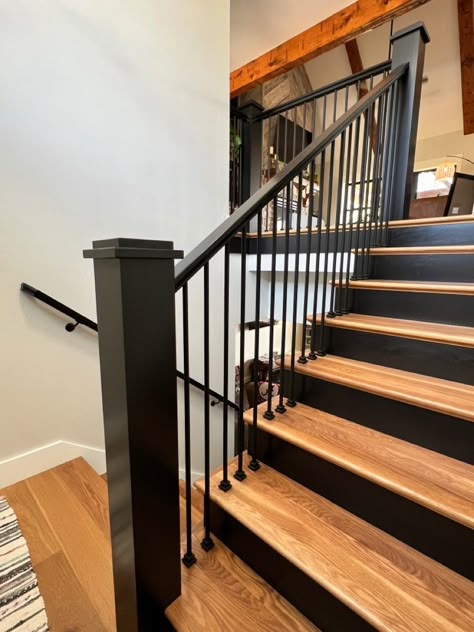 Farmhouse Black Staircase, Black Stained Staircase, Black Metal Railing Stairs, Black Bannister Rail, Wood Railings For Stairs, Black Stair Railing, Railing Makeover, Stair Railing Makeover, Farmhouse Staircase