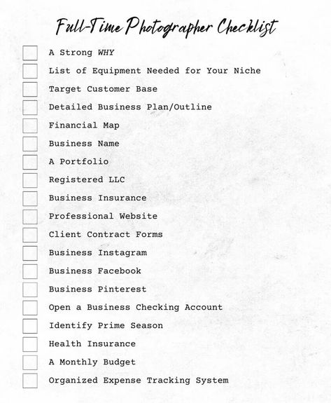 The Full-Time Photographer Checklist - Printique, An Adorama Company Photography Business Checklist, Photographer Checklist, Photography Business Plan, Custom Photo Calendar, Business Plan Outline, Llc Business, Business Checklist, Target Customer, Leather Photo Albums