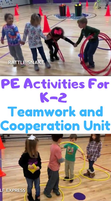 PE teacher Tyler Staup explains 2 of the activities he does with his K-2 students during their Teamwork and Cooperation Unit! Preschool Gym Class Activities, Team Activities For Preschoolers, Elementary Teacher Activities, Kindergarten Cooperative Gym Games, Team Building Activities For Pe, Teamwork For Preschoolers, Pe For Kindergarten Physical Education, Easy Gym Games For Kindergarten, Kindergarten Gym Ideas