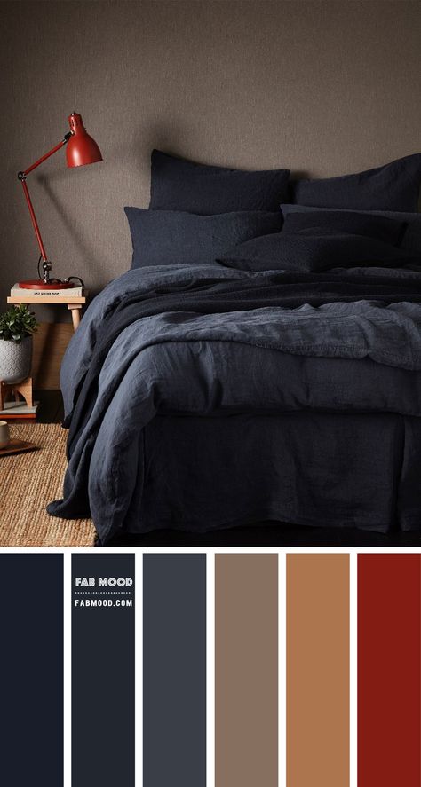 dark blue and warm taupe bedroom, brown grey bedroom, earth tone bedroom, bedroom color ideas, dark blue bedroom, bedroom color palette #bedroom #bedroomcolors #colorscheme Dark Color Theme Bedroom, Brown Tone Bedroom Ideas, Navy Blue Headboard Bedroom Ideas Accent Wall, Dark Brown And Blue Bedroom, Earth Tone Blue Bedroom, Dark Blue And Brown Bedroom, Dark Tone Color Palette, Dark Earthy Bedroom Cozy, Blue Grey Brown Color Palette