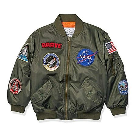 Poppi Street USA Space Brave NASA Bomber Jackets Flight bomber jacket Highest quality materials 7 USA and NASA Space patches Zipper closure + zipper pocket on sleeve + button pockets UNISEX kids. sizes available: 4-6-8-10 NASA inspired flight bomber jackets for those kids who love adventure! Unisex style. Made with the highest quality materials. 7 Space patches including American flag & NASA logo. Size: 4T.  Color: Green. Space Patches, Nasa Jacket, Nasa Patch, Nasa Clothes, Bell Bottoms Outfit, Nasa Logo, Leopard Pants, Nasa Space, Flannel Jacket