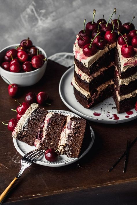 Double Chocolate Black Forest Cake - Baran Bakery Chocolate Black Forest Cake, Forest Desserts, Buttermilk Chocolate Cake, Chocolate Cake Frosting, Black Forest Gateau, Baking Journal, Cherry Sauce, Food Pic, Sweet Recipe