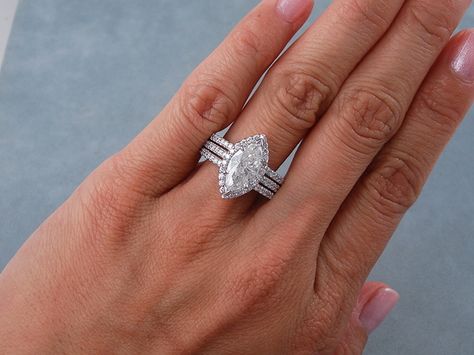 Marquise Engagement Ring With Two Bands, Triple Band Engagement Ring, Marquis Halo Ring, Ring Goals, Marquis Diamond, Cracker Jack, Wedding Ring Styles, Marquise Diamond Ring, Solitaire Rings