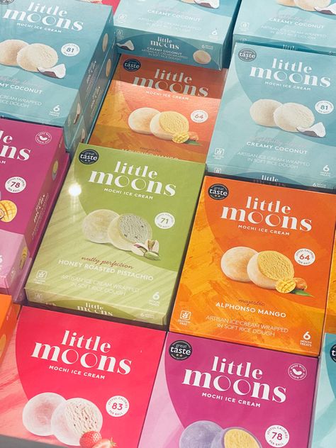 little moons, mochi, mochi little moons, little moons boxes, tiktok desserts Mochi Ice Cream Packaging, Little Moons Mochi, Mochi Packaging Design, Mochi Brand, Mochi Packaging, Tiktok Desserts, Mochi Shop, Fridge Stock, Ice Cream Dough