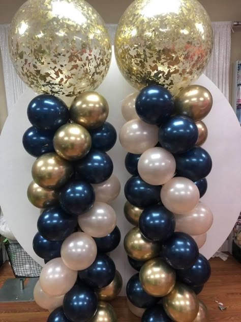 Navy Gold Balloons, Color Blocking Balloon Garland, Balloon Pillars, Balloon Tower, Deco Ballon, Grad Party Decorations, Graduation Balloons, Balloon Crafts, Mens Birthday Party