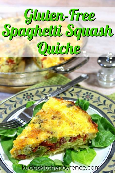 Spaghetti Squash Quiche is entirely gluten-free and delicious. Roasted spaghetti squash is pressed into a pie plate and baked. The “crust” is then filled with veggies, eggs, cheese, and then baked again.  #spaghettisquash #spaghettisquashcrust #spaghettisquashquiche #quicherecipe #glutenfreequiche #glutenfreerecipe #spaghettisquashrecipe #breakfastrecipe #brunchrecipe #squashrecipe #squash #wintersquash #vegetablequiche Spaghetti Squash Egg Bake, Squash Quiche, Gluten Free Quiche, Squash Spaghetti, Csa Farm, Veggie Quiche, Gluten Free Lasagna, Gluten Free Spaghetti, Gluten Free Meal Plan