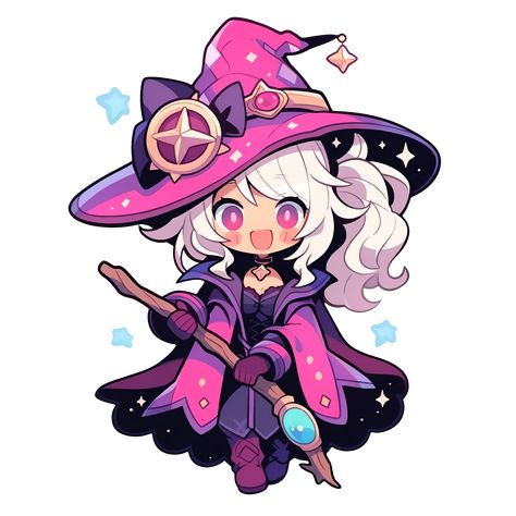 Pink and Purple Cute Kawaii Dark Magician Girl Witch Sticker. Cute Witch Drawing, Magician Oc, Cute Witch Art, Chibi Accessories, Magician Illustration, Chibi Witch, Chibi Halloween, Magician Art, Kawaii Witch