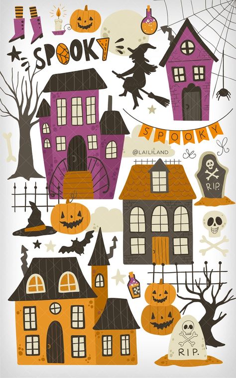 Halloween clipart halloween house cute clipart halloween | Etsy Halloween House Illustration, Halloween Designs Art, Halloween House Drawing, Halloween Witch Illustration, Halloween Imagenes, Witch Village, Cute Haunted House, Haunted House Clipart, Plush Ideas