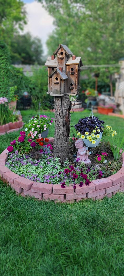 Tree stump, garden. Hanging plants Birdhouse Tree Stump, Tree Stump Bird Bath, Tree Stump Ideas Outdoor Front Yard, Birdhouses In Flower Garden, Birdhouse On Tree Stump, Multiple Birdhouses On A Post, Tree Stump Ideas Outdoor, Bird Houses That Look Like Real Houses, Gnome Tree Stump House