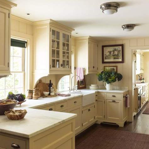 English Country Kitchens Farmhouse Style, Old Fashioned Kitchen Cabinets, Kitchen Cabinets With Corbels, Vintage English Cottage Kitchen, 1930s Farmhouse Kitchen, Colonial Kitchen Cabinets, Beadboard In Kitchen, Cream Country Kitchen, 1960s Farmhouse