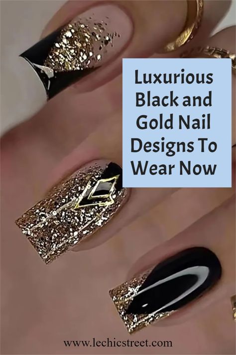 black gold nails, black gold nail, black nail designs, winter nails, black nails designs, gold nails design, gold nail designs Nails To Match Black And Gold Dress, Gold White Black Nails, Black And Gold Chrome Nails, Unique Black Nails, Black Gold Nail Art, Nails Ideas For Winter, Black And Gold Nail Designs, Black Nails Ideas, Gold Inspo