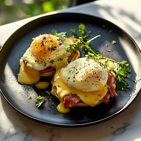 Eggs Benedict Bacon, Egg Benedict Photography, Bacon Eggs Benedict, Benedict Eggs Recipe, Eggs Benedict Aesthetic, Cooking Breakfast Aesthetic, English Breakfast Ideas, Egg Benedict Recipe, Eggs Benedict Hollandaise